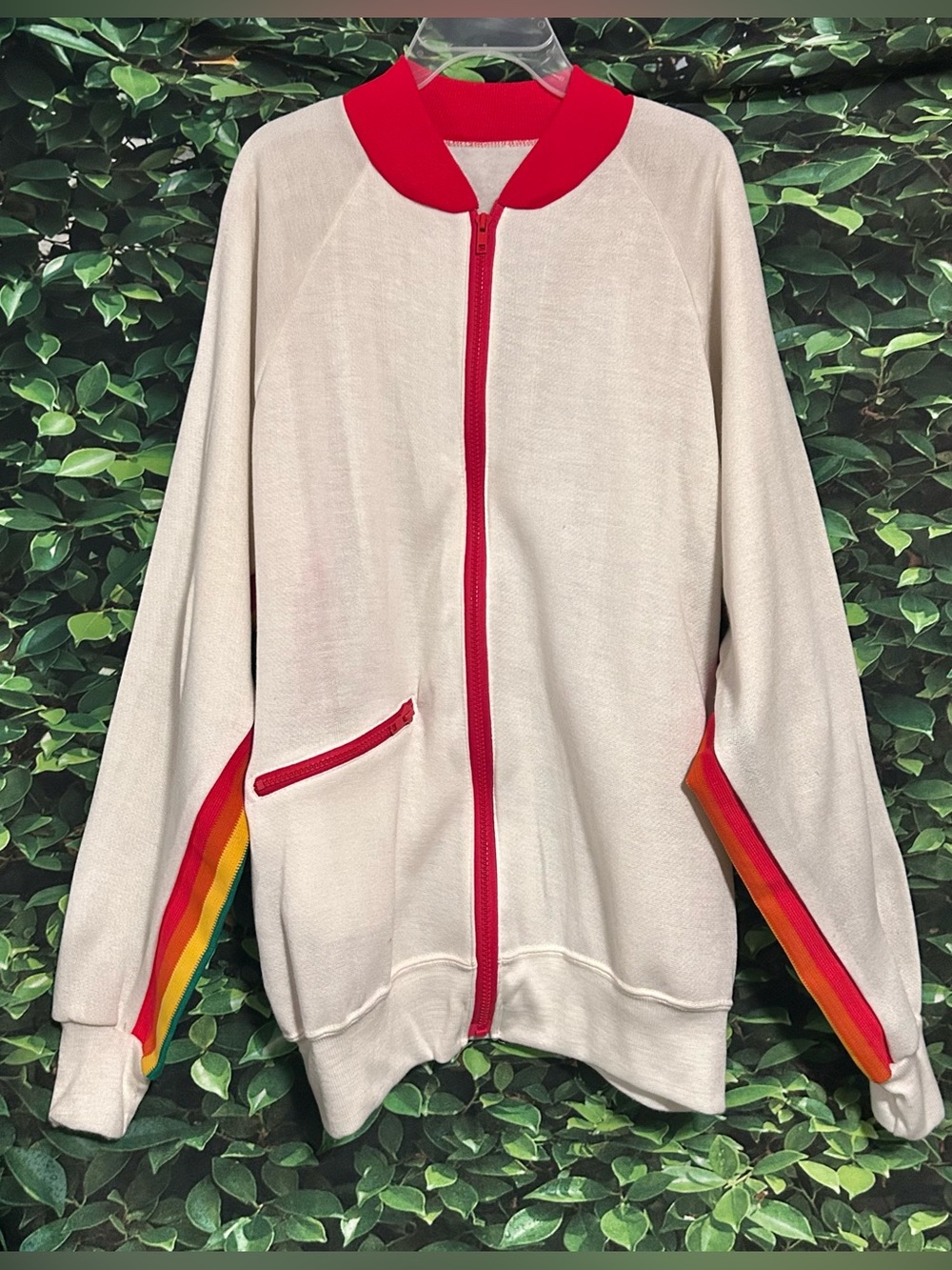 Vintage 70s Track Jacket White Rainbow Stripe Cotton Full Zip Mens Large